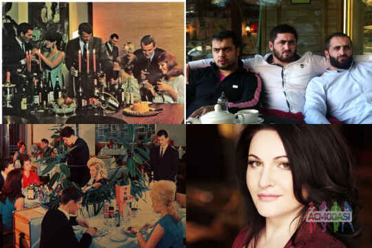 Кавказские мужчины и женщины в ресторан в полнометражный фильм